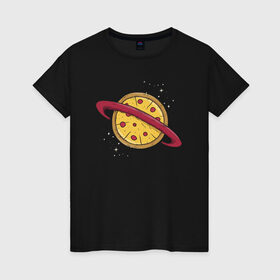 Женская футболка хлопок с принтом Пицца Планета в Новосибирске, 100% хлопок | прямой крой, круглый вырез горловины, длина до линии бедер, слегка спущенное плечо | галактика | пицца | планета | планеты | с едой | сатурн