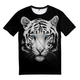 Мужская футболка 3D с принтом Белый тигр в Новосибирске, 100% полиэфир | прямой крой, круглый вырез горловины, длина до линии бедер | 