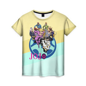 Женская футболка 3D с принтом JOJO в Новосибирске, 100% полиэфир ( синтетическое хлопкоподобное полотно) | прямой крой, круглый вырез горловины, длина до линии бедер | adventure | anime | bizzare | jo jo | jojo | logo | manga | аниме | араки | ахегао | джо | джо джо | джоджо | жижа | жожа | жожо | йойо | лого | манга | мульт | мультфильм | отаку | сериал | символ | хирохико | юри | яой