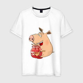 Мужская футболка хлопок с принтом Свинка ест вишневое варенье в Новосибирске, 100% хлопок | прямой крой, круглый вырез горловины, длина до линии бедер, слегка спущенное плечо. | 2019 | варенье | вишня | ложка | поросенок | пятачок | свин | свинка | свинья | символгода | уши | хвост