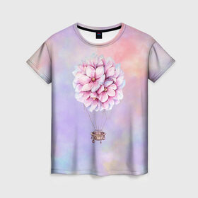Женская футболка 3D с принтом Нежный Воздушный Шар в Новосибирске, 100% полиэфир ( синтетическое хлопкоподобное полотно) | прямой крой, круглый вырез горловины, длина до линии бедер | акварель | гортензия | картина | краски | милый | пастель | розы | цветок | цветы