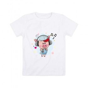 Детская футболка хлопок с принтом Свинка в Новосибирске, 100% хлопок | круглый вырез горловины, полуприлегающий силуэт, длина до линии бедер | Тематика изображения на принте: 
