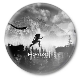 Значок с принтом Horizon Zero Dawn в Новосибирске,  металл | круглая форма, металлическая застежка в виде булавки | Тематика изображения на принте: aloy | game | horizon zero dawn | hunter | machine | mecha | robot | snow | spear | the frozen wilds | weapon | игры | постапокалипсис | роботы | фентези | элой