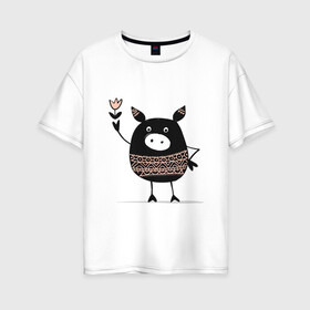 Женская футболка хлопок Oversize с принтом Свинка в Новосибирске, 100% хлопок | свободный крой, круглый ворот, спущенный рукав, длина до линии бедер
 | 2019 | дед мороз | дом | елка | желание | животные | зима | кабан | милый | мороз | настроение | новый год | пеппа | подарок | позитив | поросенок | праздник | радость | рождество | санта клаус | свинка