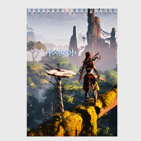 Скетчбук с принтом HORIZON ZERO DAWN в Новосибирске, 100% бумага
 | 48 листов, плотность листов — 100 г/м2, плотность картонной обложки — 250 г/м2. Листы скреплены сверху удобной пружинной спиралью | aloy | game | horizon zero dawn | hunter | machine | mecha | robot | snow | spear | the frozen wilds | weapon | игры | постапокалипсис | роботы | фентези | элой