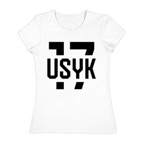 Женская футболка хлопок с принтом USYK 17 в Новосибирске, 100% хлопок | прямой крой, круглый вырез горловины, длина до линии бедер, слегка спущенное плечо | usyk | wbc | боец | бокс | боксер | украина | усик | чемпион