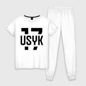 Женская пижама хлопок с принтом USYK 17 в Новосибирске, 100% хлопок | брюки и футболка прямого кроя, без карманов, на брюках мягкая резинка на поясе и по низу штанин | Тематика изображения на принте: usyk | wbc | боец | бокс | боксер | украина | усик | чемпион