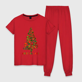 Женская пижама хлопок с принтом Merry Christmas в Новосибирске, 100% хлопок | брюки и футболка прямого кроя, без карманов, на брюках мягкая резинка на поясе и по низу штанин | 2019 | дед мороз | дом | елка | желание | животные | зима | кабан | милый | мороз | настроение | новый год | пеппа | подарок | позитив | поросенок | праздник | радость | рождество | санта клаус | свинка