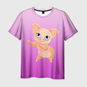 Мужская футболка 3D с принтом Танцующая свинка в Новосибирске, 100% полиэфир | прямой крой, круглый вырез горловины, длина до линии бедер | 2019 | голубоглазая | новыйгод | поросенок | пятачок | розовый | свинка | символгода | танцующаясвинка | танцы