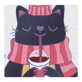 Магнитный плакат 3Х3 с принтом Зима - это кофе в Новосибирске, Полимерный материал с магнитным слоем | 9 деталей размером 9*9 см | cat | coffee | kitty | зима | зимний | кот | котенок | котик | котики | котэ | кофе | кофейный | кошка | кружка | сердечко | сердце | теплый | шапочка