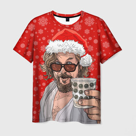 Мужская футболка 3D с принтом Лебовски Санта в Новосибирске, 100% полиэфир | прямой крой, круглый вырез горловины, длина до линии бедер | Тематика изображения на принте: balls | big lebowski | bowling | film | happy christmas | movie | santa claus | skittles | большой лебовски | боулинг | дед мороз | кегли | кино | колпак | красная шапка | новый год | праздник | рождество | с новым годом | санта клаус