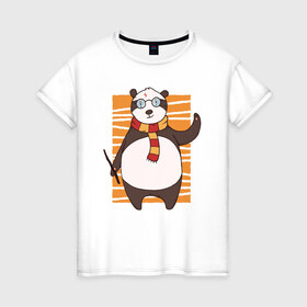 Женская футболка хлопок с принтом Панда Поттер в Новосибирске, 100% хлопок | прямой крой, круглый вырез горловины, длина до линии бедер, слегка спущенное плечо | волшебник | панда | панды | поттер