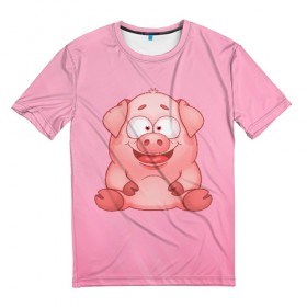 Мужская футболка 3D с принтом Милая веселая свинка в Новосибирске, 100% полиэфир | прямой крой, круглый вырез горловины, длина до линии бедер | 