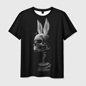 Мужская футболка 3D с принтом Зая в Новосибирске, 100% полиэфир | прямой крой, круглый вырез горловины, длина до линии бедер | Тематика изображения на принте: бабочки | животные | зая | заяц | кости | кролик | череп | черно белый | черное и белое