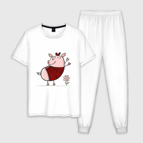 Мужская пижама хлопок с принтом Свинка в Новосибирске, 100% хлопок | брюки и футболка прямого кроя, без карманов, на брюках мягкая резинка на поясе и по низу штанин
 | 2019 | дед мороз | дом | елка | желание | животные | зима | кабан | милый | мороз | настроение | новый год | пеппа | подарок | позитив | поросенок | праздник | радость | рождество | санта клаус | свинка