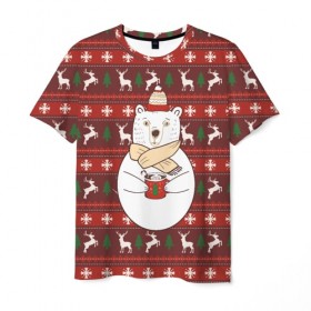 Мужская футболка 3D с принтом Новогодний мишка с кофе в Новосибирске, 100% полиэфир | прямой крой, круглый вырез горловины, длина до линии бедер | 2019 | белый | белыймедведь | вязанный | зефирки | зимний | кофе | медведь | мишка | новыйгод | олени | свитерсоленями | шарф