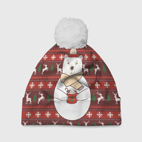 Шапка 3D c помпоном с принтом Новогодний мишка с кофе в Новосибирске, 100% полиэстер | универсальный размер, печать по всей поверхности изделия | 2019 | белый | белыймедведь | вязанный | зефирки | зимний | кофе | медведь | мишка | новыйгод | олени | свитерсоленями | шарф