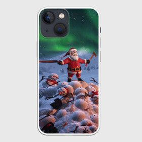 Чехол для iPhone 13 mini с принтом Дед мороз и снеговики зомби в Новосибирске,  |  | claus | santa | апокалипсис | зомби | рождество | ружьё | санта | санта клаус | снег | снеговик | топор