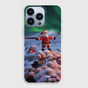 Чехол для iPhone 13 Pro с принтом Дед мороз и снеговики зомби в Новосибирске,  |  | claus | santa | апокалипсис | зомби | рождество | ружьё | санта | санта клаус | снег | снеговик | топор