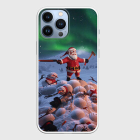 Чехол для iPhone 13 Pro Max с принтом Дед мороз и снеговики зомби в Новосибирске,  |  | Тематика изображения на принте: claus | santa | апокалипсис | зомби | рождество | ружьё | санта | санта клаус | снег | снеговик | топор