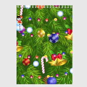Скетчбук с принтом Ёлка новогодняя в Новосибирске, 100% бумага
 | 48 листов, плотность листов — 100 г/м2, плотность картонной обложки — 250 г/м2. Листы скреплены сверху удобной пружинной спиралью | Тематика изображения на принте: гирлянда | ель | иголки | игрушки шарики | костюм | мишура | пихта | праздник | рождество | снеговик | хвоя