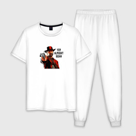 Мужская пижама хлопок с принтом Alright boy в Новосибирске, 100% хлопок | брюки и футболка прямого кроя, без карманов, на брюках мягкая резинка на поясе и по низу штанин
 | rdr2 | red dead redemption 2 | артур | морган | прикол | рдр | рдр2 | шутка