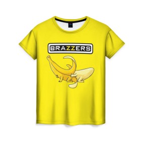 Женская футболка 3D с принтом Brazzers в Новосибирске, 100% полиэфир ( синтетическое хлопкоподобное полотно) | прямой крой, круглый вырез горловины, длина до линии бедер | brazzers | банан | бразерс | логотип | надпись | прикол | юмор