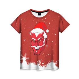 Женская футболка 3D с принтом Сатана Санта в Новосибирске, 100% полиэфир ( синтетическое хлопкоподобное полотно) | прямой крой, круглый вырез горловины, длина до линии бедер | 2019 |  снег | агрессивный санта | дед мороз | демон | дьявол | злой санта | злость | новогодний | новый год | новый год 2019 | опасность | санта | сантасатана | сатана | снежинки