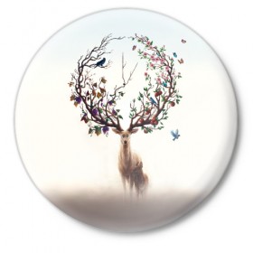 Значок с принтом Олень с ветвями вместо рог в Новосибирске,  металл | круглая форма, металлическая застежка в виде булавки | бабочка | волшебство | деревья | лес | листья | оленёнок | природа | птица | сказка | фрукты | цветы