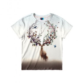 Детская футболка 3D с принтом Олень с ветвями вместо рог в Новосибирске, 100% гипоаллергенный полиэфир | прямой крой, круглый вырез горловины, длина до линии бедер, чуть спущенное плечо, ткань немного тянется | бабочка | волшебство | деревья | лес | листья | оленёнок | природа | птица | сказка | фрукты | цветы