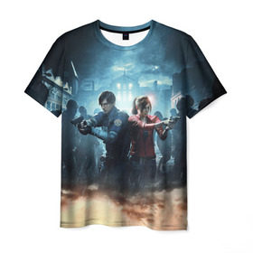Мужская футболка 3D с принтом Resident Evil 2 в Новосибирске, 100% полиэфир | прямой крой, круглый вырез горловины, длина до линии бедер | 2 | 2019 | resident evil | герои | игра | клер | клэр | леон | обитель зла | пистолеты | постер | ремейк