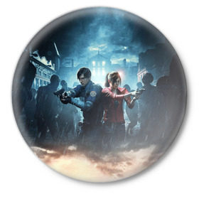 Значок с принтом Resident Evil 2 в Новосибирске,  металл | круглая форма, металлическая застежка в виде булавки | 2 | 2019 | resident evil | герои | игра | клер | клэр | леон | обитель зла | пистолеты | постер | ремейк
