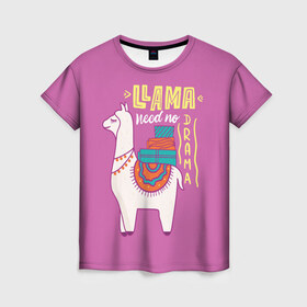 Женская футболка 3D с принтом Lama в Новосибирске, 100% полиэфир ( синтетическое хлопкоподобное полотно) | прямой крой, круглый вырез горловины, длина до линии бедер | glama | lama | анд | горы | дикое | домашнее | животное | индейци | лама | мех | шерсть