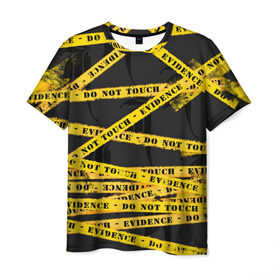 Мужская футболка 3D с принтом Улика - не трогать в Новосибирске, 100% полиэфир | прямой крой, круглый вырез горловины, длина до линии бедер | art | black | dark | evidence | fashion | graffiti | paint | stripes | texture | underground | yellow | желтый | краска | лента | опечатано | преступление | улика | черный