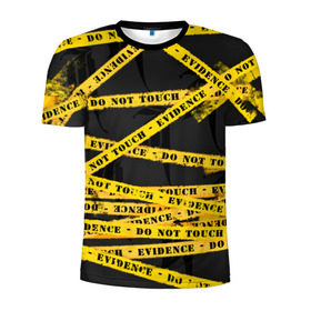 Мужская футболка 3D спортивная с принтом Улика - не трогать в Новосибирске, 100% полиэстер с улучшенными характеристиками | приталенный силуэт, круглая горловина, широкие плечи, сужается к линии бедра | art | black | dark | evidence | fashion | graffiti | paint | stripes | texture | underground | yellow | желтый | краска | лента | опечатано | преступление | улика | черный