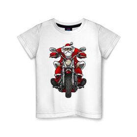 Детская футболка хлопок с принтом Санта на байке в Новосибирске, 100% хлопок | круглый вырез горловины, полуприлегающий силуэт, длина до линии бедер | art | new year | santa | арт | байк | байкер | дед мороз | мороз | мотоцикл | на бацке | новогодний | новый год | рисунок | санта клаус