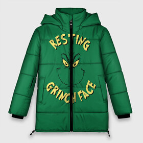 Женская зимняя куртка 3D с принтом Resting Grinch Face в Новосибирске, верх — 100% полиэстер; подкладка — 100% полиэстер; утеплитель — 100% полиэстер | длина ниже бедра, силуэт Оверсайз. Есть воротник-стойка, отстегивающийся капюшон и ветрозащитная планка. 

Боковые карманы с листочкой на кнопках и внутренний карман на молнии | grinch | гринч | новый год | рождество