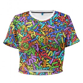 Женская футболка 3D укороченная с принтом Радужные буквы s, h, i, t в Новосибирске, 100% полиэстер | круглая горловина, длина футболки до линии талии, рукава с отворотами | алфавит | буква | паттрен | радуга | слово | узор