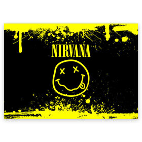 Поздравительная открытка с принтом Nirvana в Новосибирске, 100% бумага | плотность бумаги 280 г/м2, матовая, на обратной стороне линовка и место для марки
 | grunge | kurt cobain | nirvana | группы | курт кобейн | музыка | нирвана | рок | смайл | смайлик