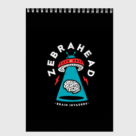 Скетчбук с принтом Zebrahead - Brain Invaders в Новосибирске, 100% бумага
 | 48 листов, плотность листов — 100 г/м2, плотность картонной обложки — 250 г/м2. Листы скреплены сверху удобной пружинной спиралью | album | brain | core | invaders | mind | rapcore | rock | ufo | zebrahead | альбом | зебрахед | мозг