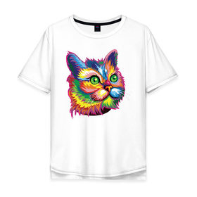 Мужская футболка хлопок Oversize с принтом Радужный кот в Новосибирске, 100% хлопок | свободный крой, круглый ворот, “спинка” длиннее передней части | cat | cats | colourfully | rainbow | веселый кот | кот | котик | коша | радуга | радужная кошка | разноцветная