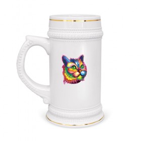 Кружка пивная с принтом Радужный кот в Новосибирске,  керамика (Материал выдерживает высокую температуру, стоит избегать резкого перепада температур) |  объем 630 мл | cat | cats | colourfully | rainbow | веселый кот | кот | котик | коша | радуга | радужная кошка | разноцветная