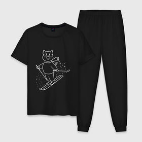 Мужская пижама хлопок с принтом Свинка на лыжах в Новосибирске, 100% хлопок | брюки и футболка прямого кроя, без карманов, на брюках мягкая резинка на поясе и по низу штанин
 | Тематика изображения на принте: 