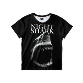 Детская футболка 3D с принтом Night shark в Новосибирске, 100% гипоаллергенный полиэфир | прямой крой, круглый вырез горловины, длина до линии бедер, чуть спущенное плечо, ткань немного тянется | Тематика изображения на принте: death | great white shark | monster | ocean | power | shark | акула | бездна | глубина | море | мощь | океан | сила | чудовище