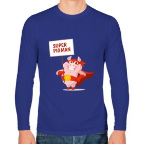 Мужской лонгслив хлопок с принтом Super Pigman в Новосибирске, 100% хлопок |  | 2019 | дед мороз | дом | елка | желание | животные | зима | кабан | милый | мороз | настроение | новый год | пеппа | подарок | позитив | поросенок | праздник | радость | рождество | санта клаус | свинка
