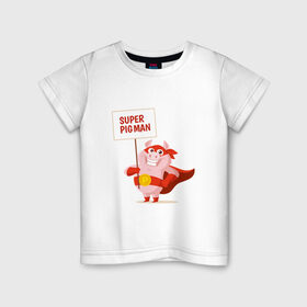 Детская футболка хлопок с принтом Super Pigman в Новосибирске, 100% хлопок | круглый вырез горловины, полуприлегающий силуэт, длина до линии бедер | 2019 | дед мороз | дом | елка | желание | животные | зима | кабан | милый | мороз | настроение | новый год | пеппа | подарок | позитив | поросенок | праздник | радость | рождество | санта клаус | свинка
