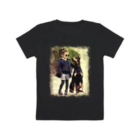 Детская футболка хлопок с принтом Девочка и доберман в Новосибирске, 100% хлопок | круглый вырез горловины, полуприлегающий силуэт, длина до линии бедер | девочка | доберман | дружба | животные | собака