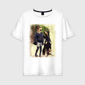 Женская футболка хлопок Oversize с принтом Девочка и доберман в Новосибирске, 100% хлопок | свободный крой, круглый ворот, спущенный рукав, длина до линии бедер
 | Тематика изображения на принте: девочка | доберман | дружба | животные | собака