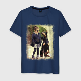 Мужская футболка хлопок с принтом Девочка и доберман в Новосибирске, 100% хлопок | прямой крой, круглый вырез горловины, длина до линии бедер, слегка спущенное плечо. | девочка | доберман | дружба | животные | собака
