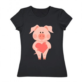 Женская футболка хлопок с принтом Love Pig в Новосибирске, 100% хлопок | прямой крой, круглый вырез горловины, длина до линии бедер, слегка спущенное плечо | 2019 | дед мороз | дом | елка | желание | животные | зима | кабан | милый | мороз | настроение | новый год | пеппа | подарок | позитив | поросенок | праздник | радость | рождество | санта клаус | свинка